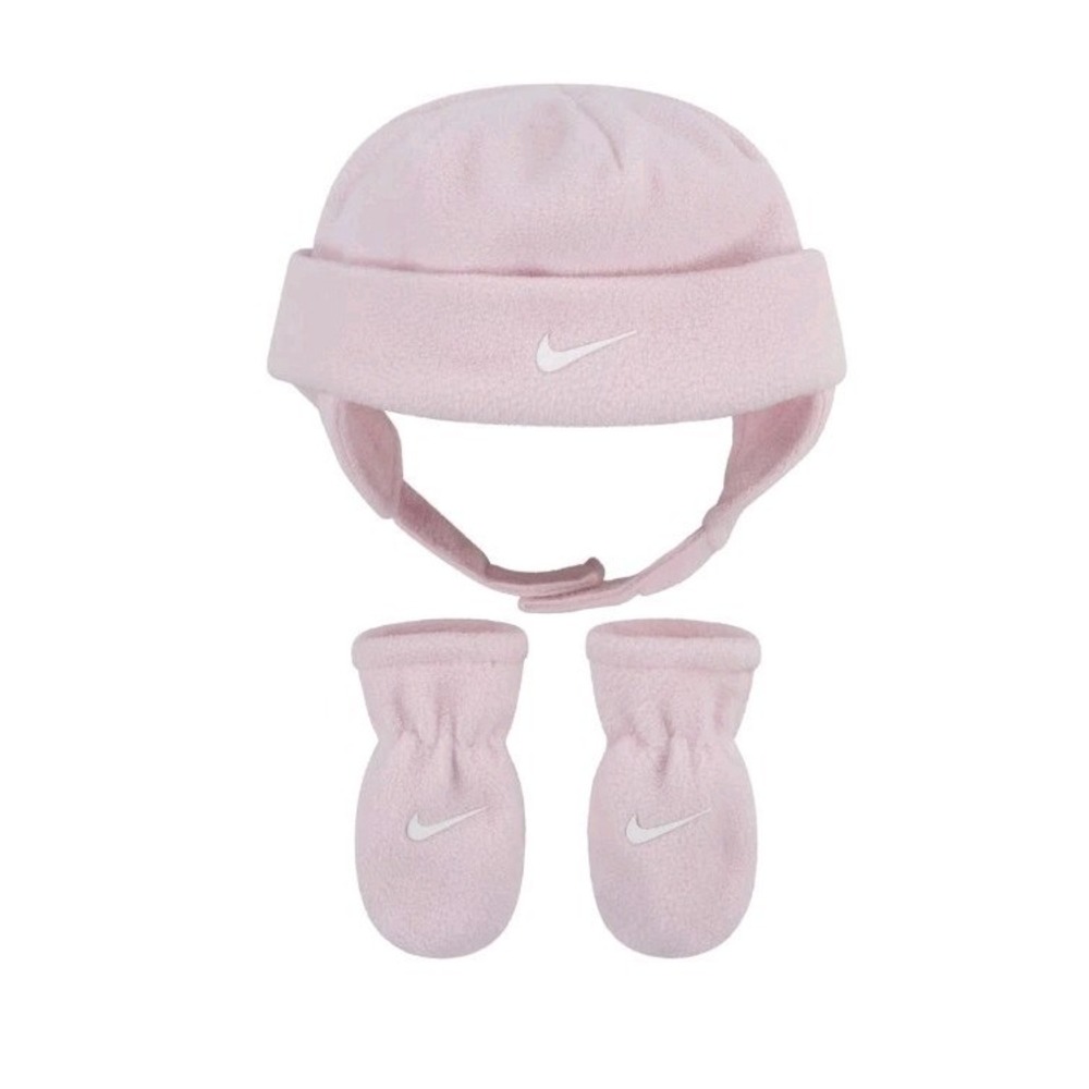 NWT Nike Swoosh 2pc Baby Fleece Hat and Mittens Set Pink Size 12-24M